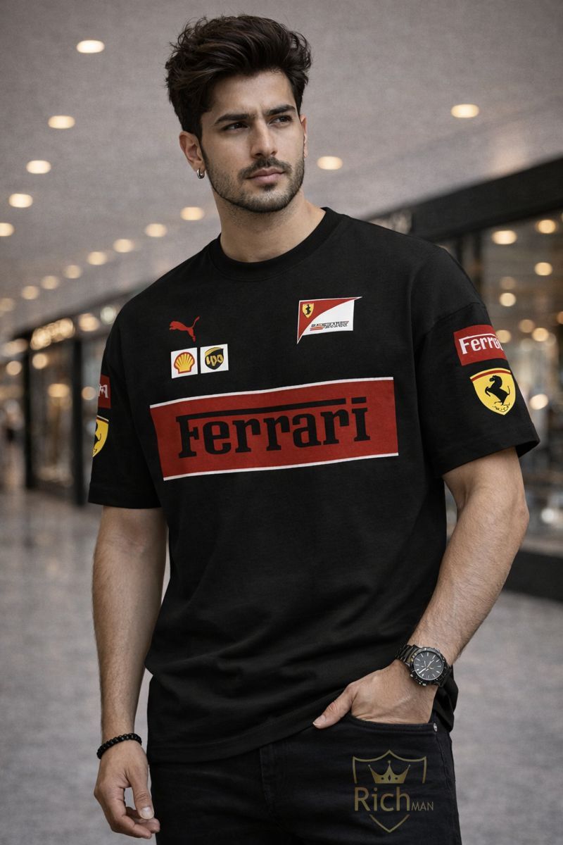 Ferrari Racing Drop Shoulder T-Shirt For Men Summer Cotton Fabric Streetwear Style White and Black Color