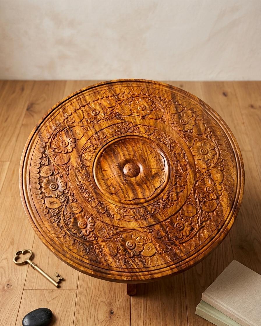 Hand Carved Solid Wood Coffee Table – Vintage Round Side Table | Handmade Wooden Table | Rustic Decor | Living Room / Balcony Table