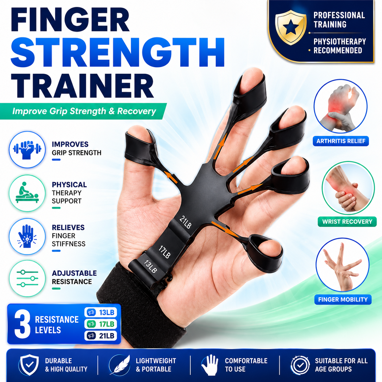 Adjustable Hand Grip Strength Trainer with Finger Exerciser, Non-Slip Anti-Skid, Portable Hand Exerciser for Athletes, Musicians, Rehabilitation & Injury Recovery