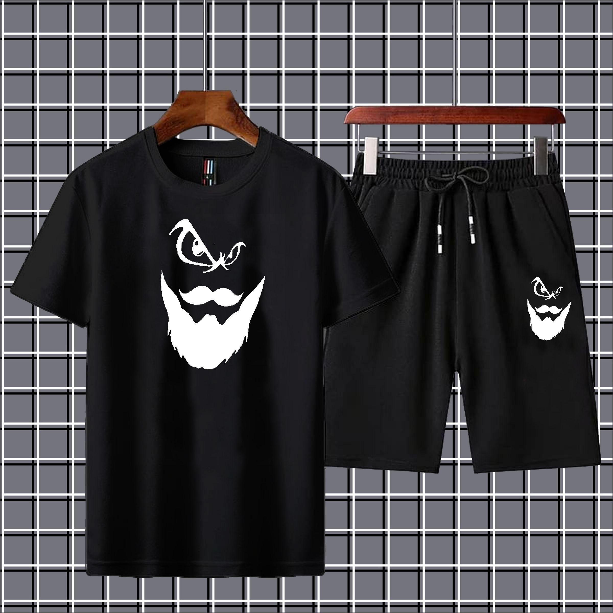 Beard printed summer short track for men & boys Tshirt+trouser-black