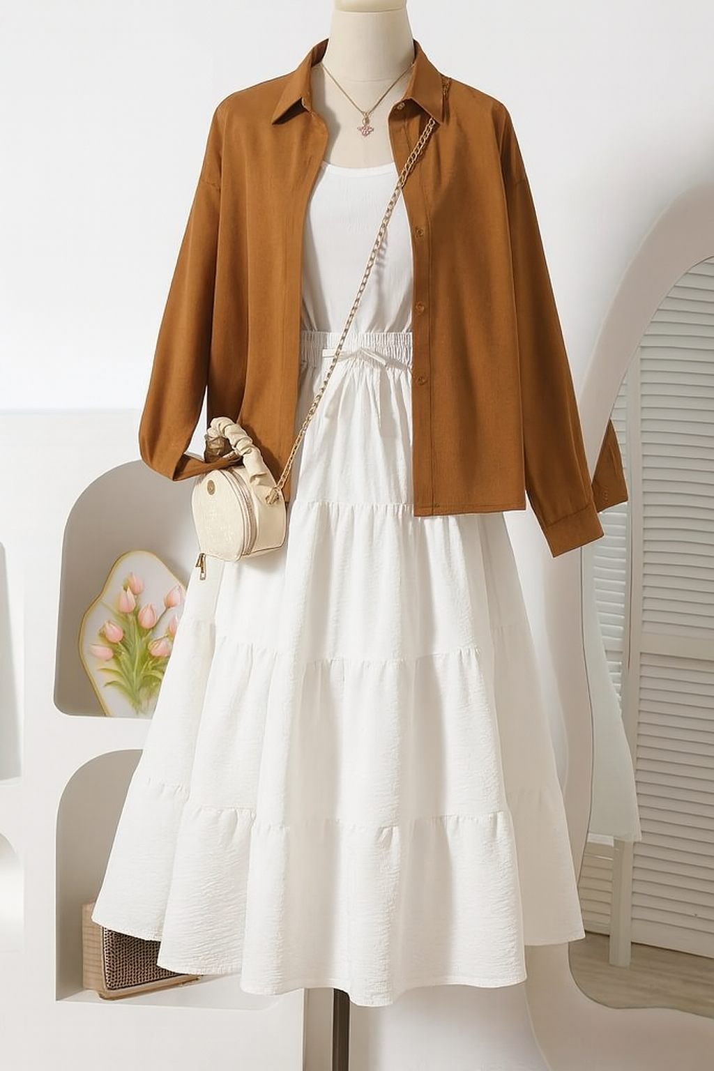 Western Wear Layered Maxi Dress Set for Girls – Elegant Button-Down Shirt with Flowy Tiered Inner Dress