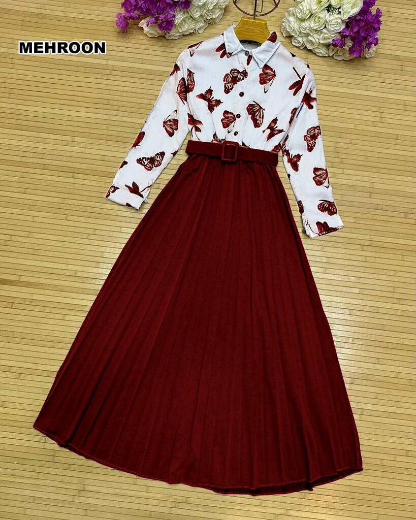 Stylish western Wear Beautiful Silk Butterfly Prined Shirt With Skirt For Women & Girls