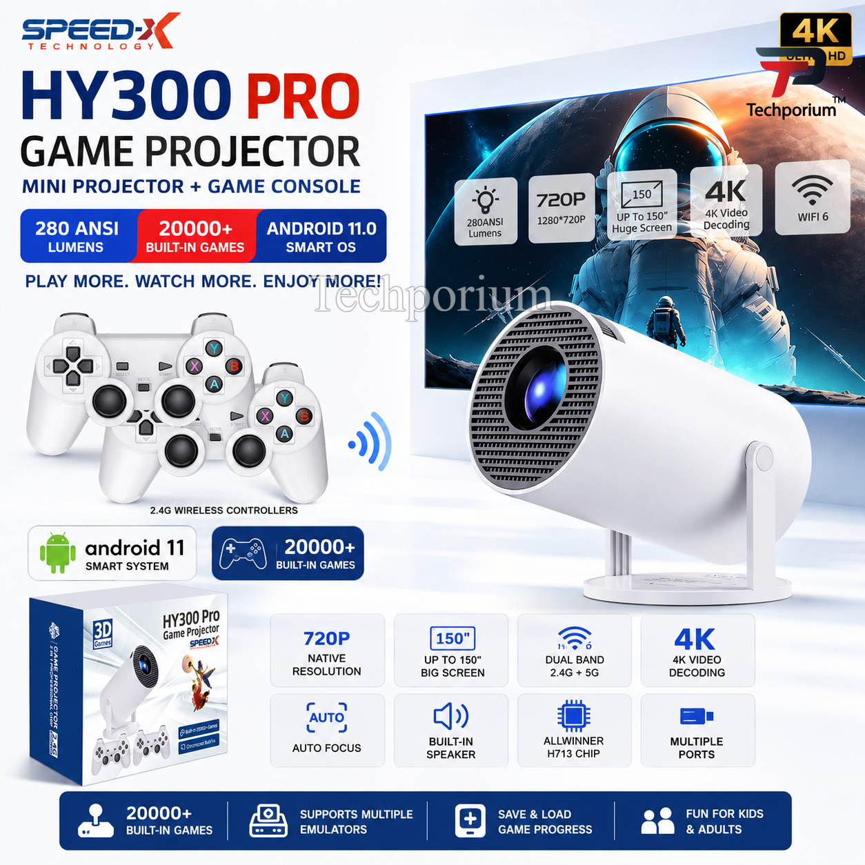 Smart HY300 Mobile Projector 20000+ Game Console Android 11.0 4K Mini Projector 1080p Full HD Home Theater Movies Gaming Projector For Home Cinema Office College Use YouTube Netflix WiFi Bluetooth and Projector or Laptop Stand