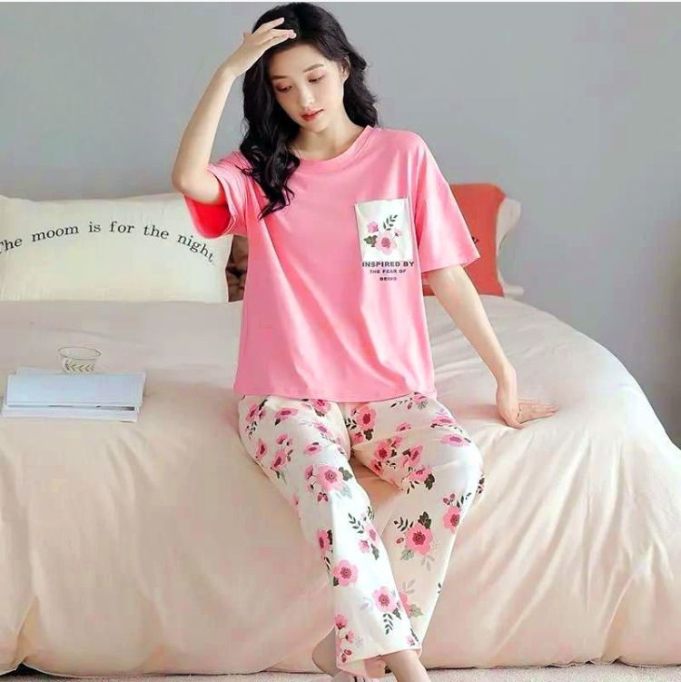 Summer Night Wear for Women Blended Cotton Jersey Sleepwear, T-shirt & Pajama Set, Small to XL