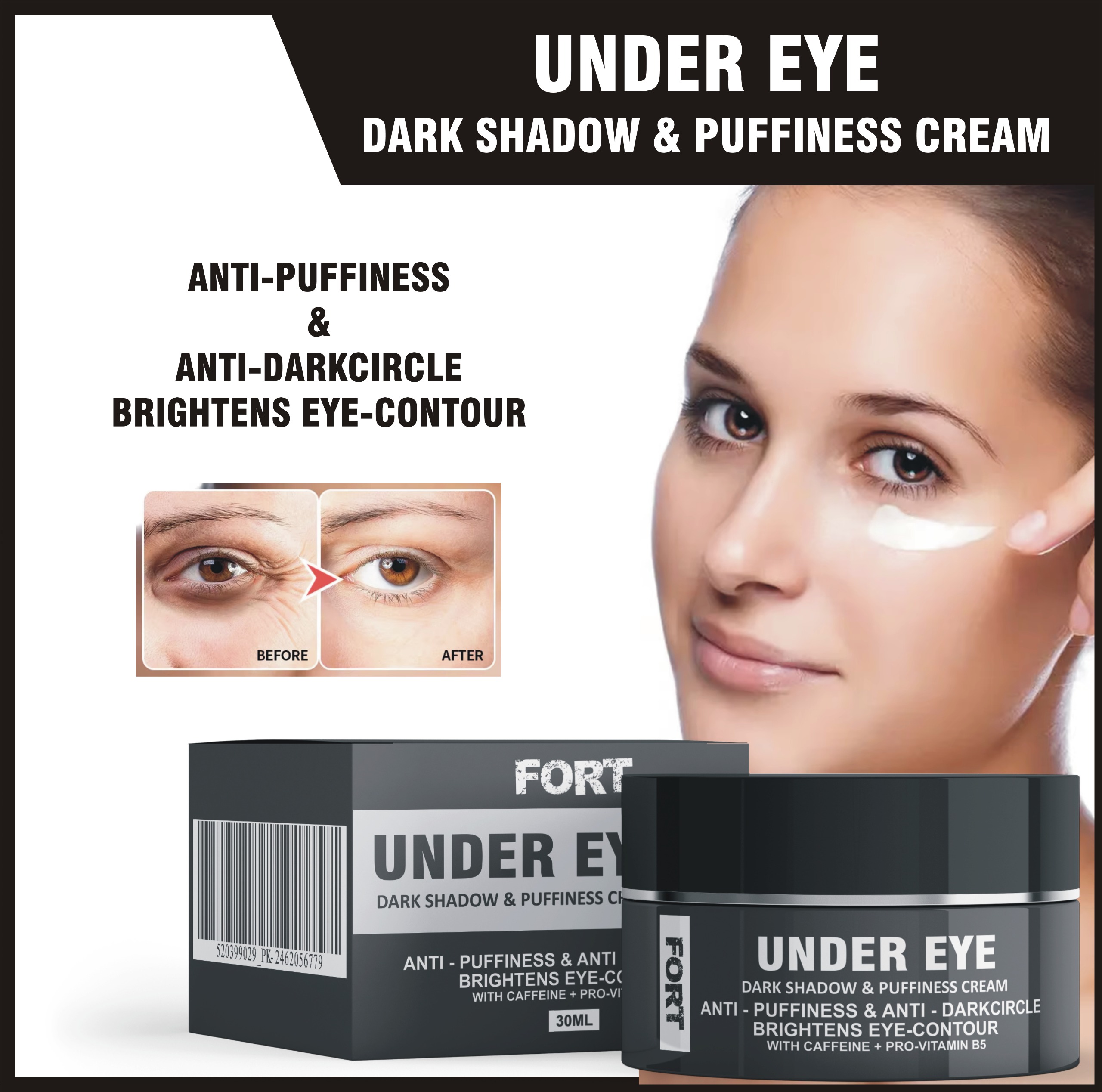 FORT Under Eye Cream | Anti-Puffiness & Anti- Dark Circles Brightness Eye -Contour Cream With Caffeine + Pro Vitamin B5