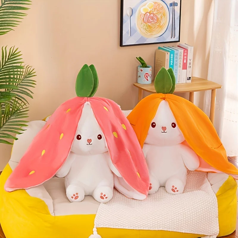 Bunny Stuffed Animal,Reversible Carrot Strawberry Bunny Plush Doll With Zipper Cute Soft Rabbit Toys Pillow Decoration 35cm