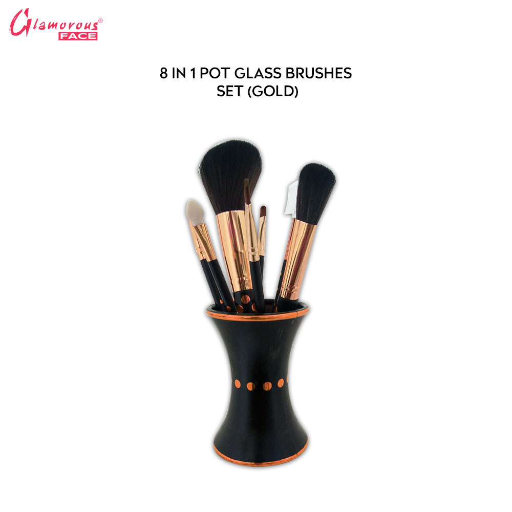 Glamorous Face 8 in 1 Pot Glass Brushes Set, Eyeshade Brush, Lip Brush, Eyebrow Brush, Mascara Brush, Big Powder Brush, Eyeliner Brush, Set Of 8 Brushes.