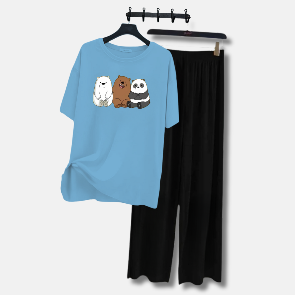 MK Garments - Cute Bears Printed 2 Piece Casual Suit for Girls and Women  Half Sleeve T-Shirt with Palazzo Trouser  Comfortable Summer Wear