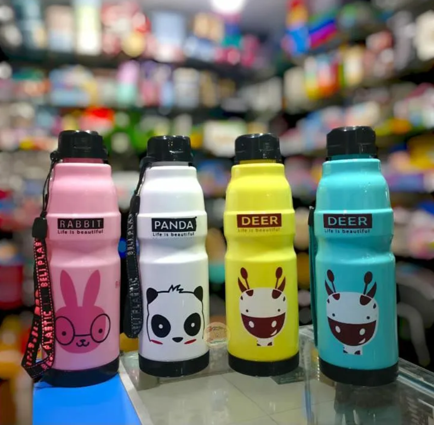 550ml Cute and Convenient Cartoon Printed Kids Beli Plastic Water Bottle with Detachable Strap Lid BPA-Free, Leak-Proof-Perfect for School, Sports and Travel- Multicolor