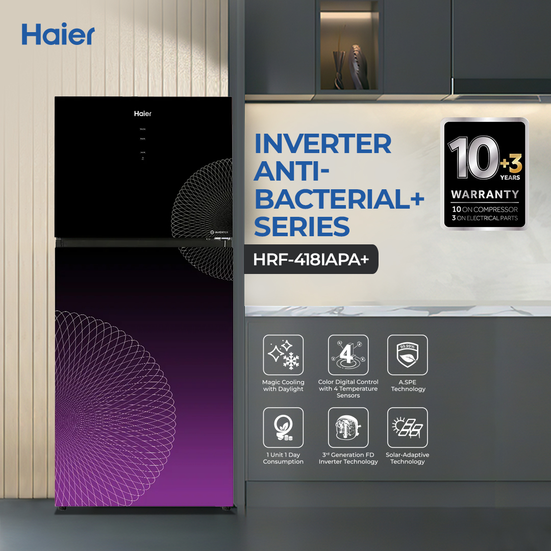 Haier 14.7 Cu Ft - Digital Inverter - HRF-418IAPA+ ( Digital Control Panel + Turbo Fan + 4 Temperature Sensors + Inverter Compressor + Glass Door) Purple Colour Refrigerator / 10 Years Warranty