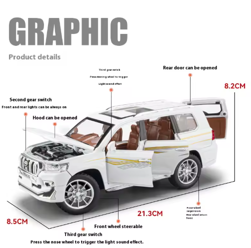 1:24 Toyota Prado Sport Off-Road SUV Diecast  Model Car – Alloy Metal, Sound & Light, Pull-Back Action, Toy Gift for Kids & Collectors view 6