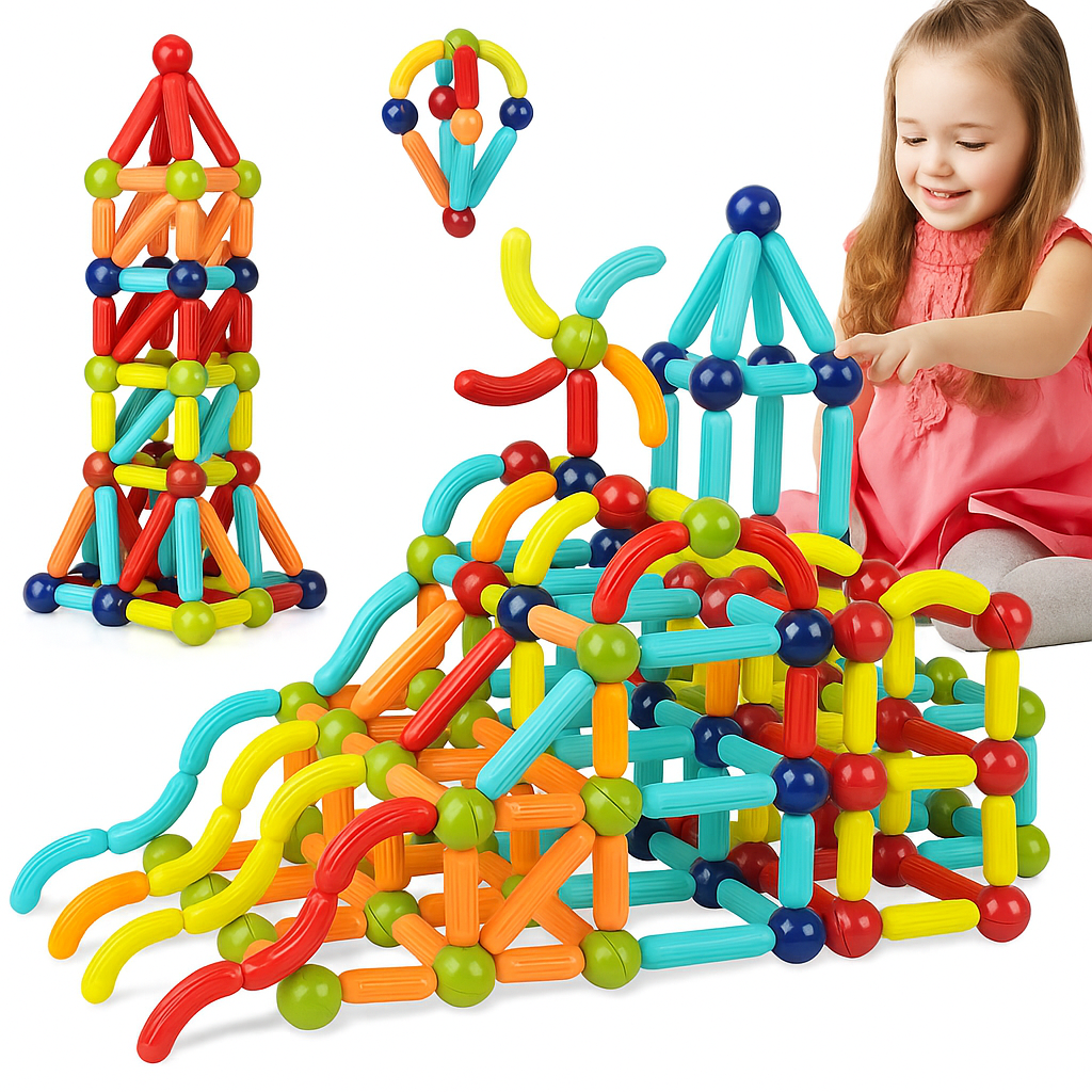 64 Pieces Magnetic Toys Building Blocks Set for Kids - Magnet Balls and Rods STEM Sticks Toy - Toddler Educational Learning Construction Game - Stacking Puzzle Building Toys for Boys Girls Age 3+ Magnetic Blocks
