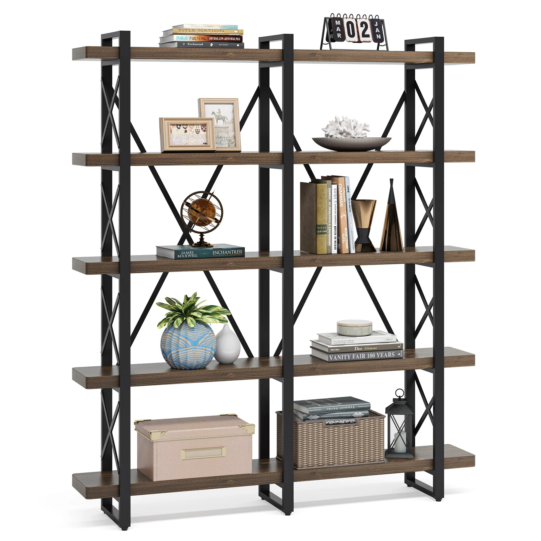 5-Shelf Industrial Style Bookcase and Book Shelves, Metal and Real Wood