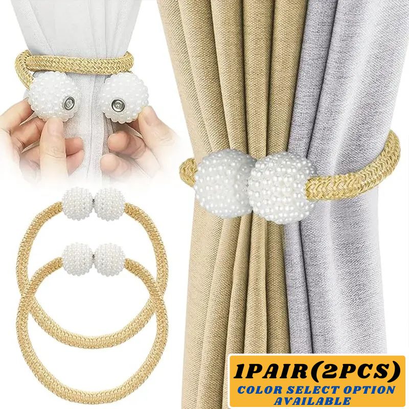 2 PCS Magnetic Pearl Curtain Buckle Magnetic Curtain Tiebacks Convenient Drape Tie European Style Decorative Weave Rope Curtain Rings & Buckles Holder for Window Sheer Blackout Draperies, Braided Straps Ball Buckles,  Parday