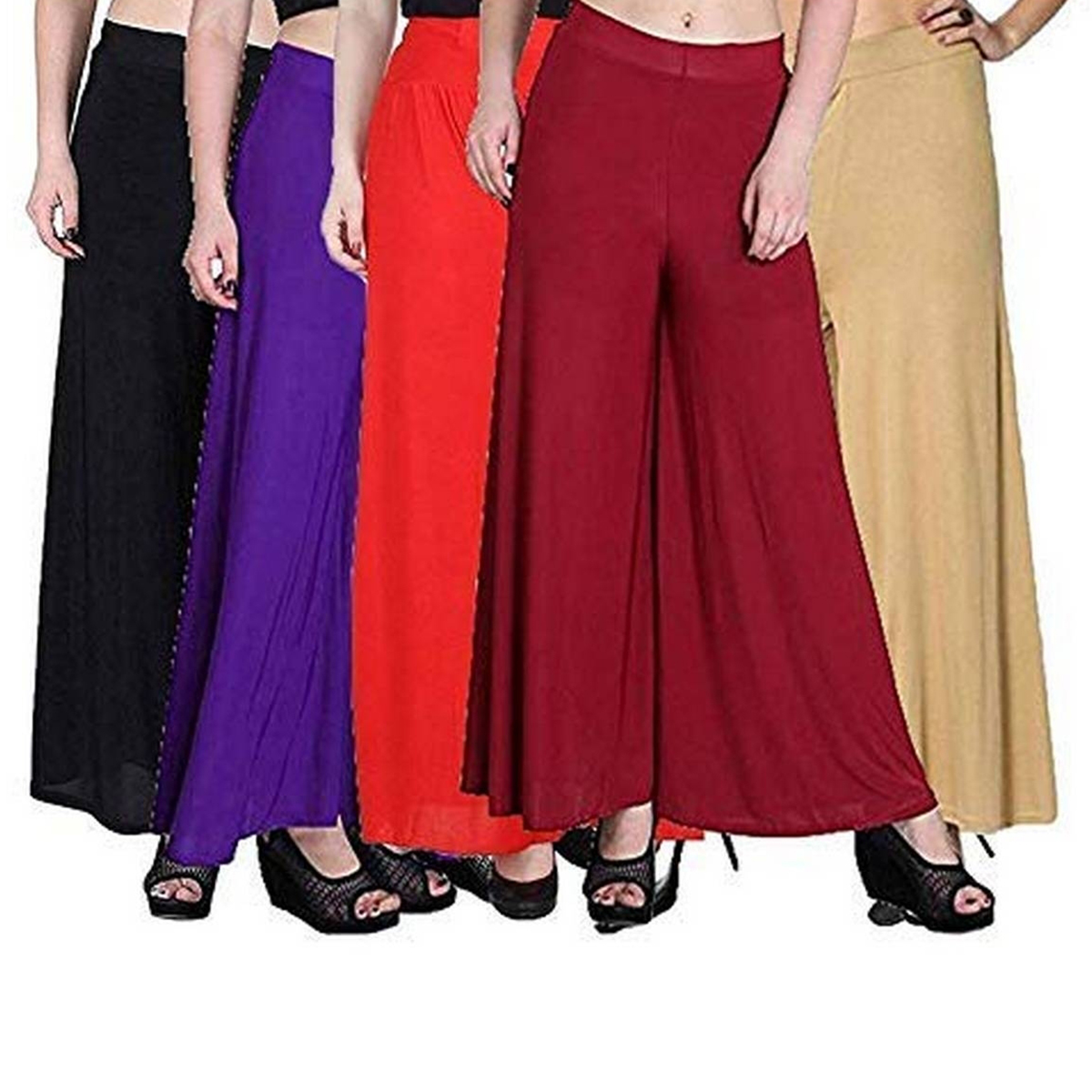 Pack Of 5 Viscose Long Palazzo Pants for Women (Black-Purple-Orange-Maroon-Skin)