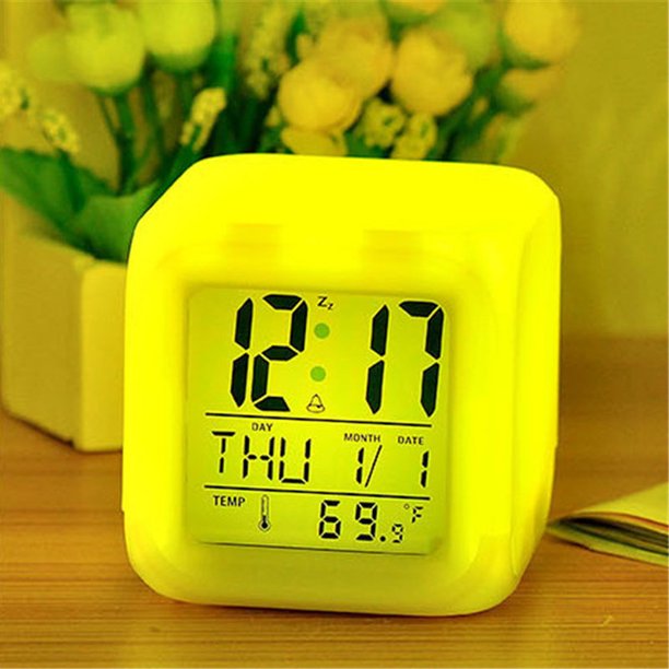 Digital Table Alarm Clock 7 Lights Color Changing Big Size All In One Alarm Time Temperature & Calendar Digital Display Battery Operated Glowing LED Table Alarm Clock