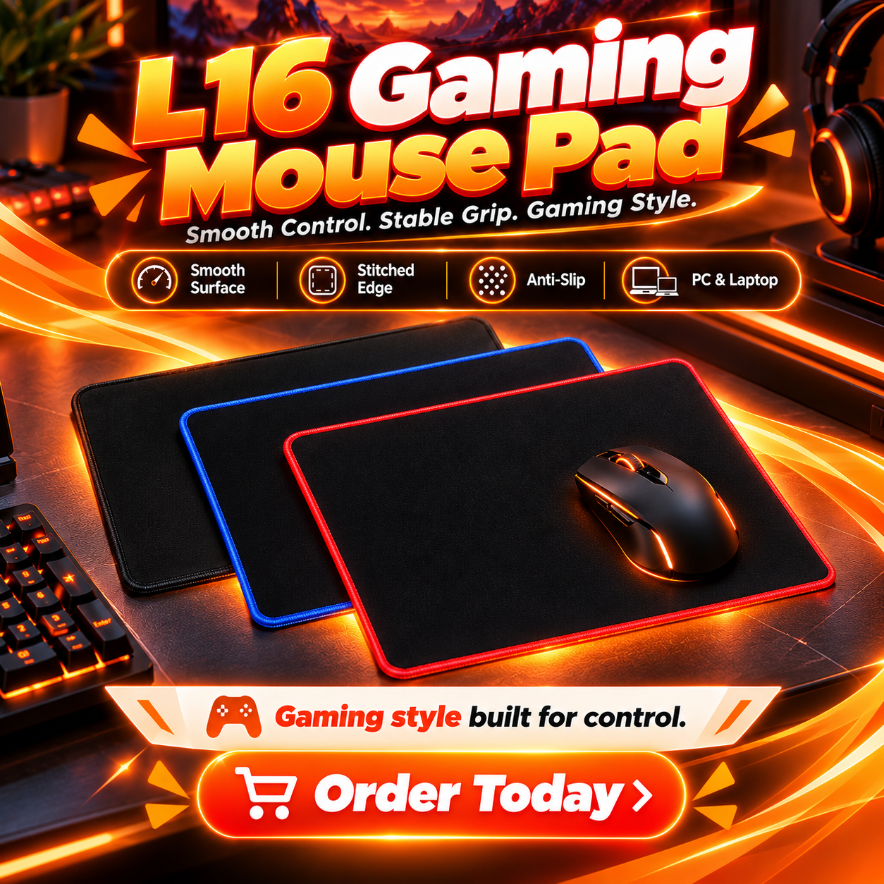 L16 Gaming Mouse Pad – Stitched Edge Mouse Pad with Black Smooth Surface & Colorful Border | Anti-Slip Gaming Mousepad for PC & Laptop Pakistan