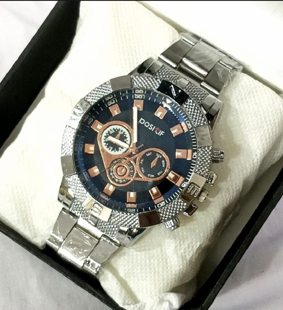 Latest Design 2025 Watch Silver Business Sports Watches + Bracelet + Cuban Chain Bracelet +3D Bar Locket  With Chain+Ring -High Quality In Random Dial watch Design With Stainless Steel Strap + Bracelet Chain + Necklace + Ring For Boys Men