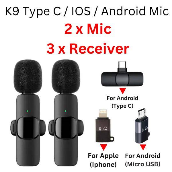 Wireless MIC Type C/Lightning/Android Mic K9 Wireless Double Microphone For Interview, Vlogging , Podcast
