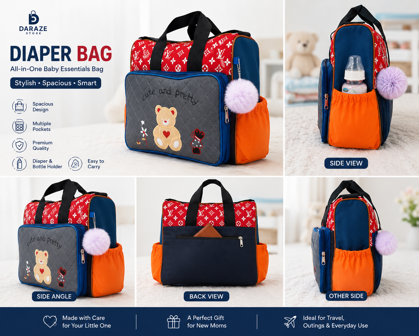 Baby Diaper Bag for Moms | Large Capacity Multi-Pocket Maternity Bag with Bottle Holder | Waterproof Travel Nappy Bag for Baby Essentials | Premium Multi-Pocket Baby Diaper Bag with Bottle Holder