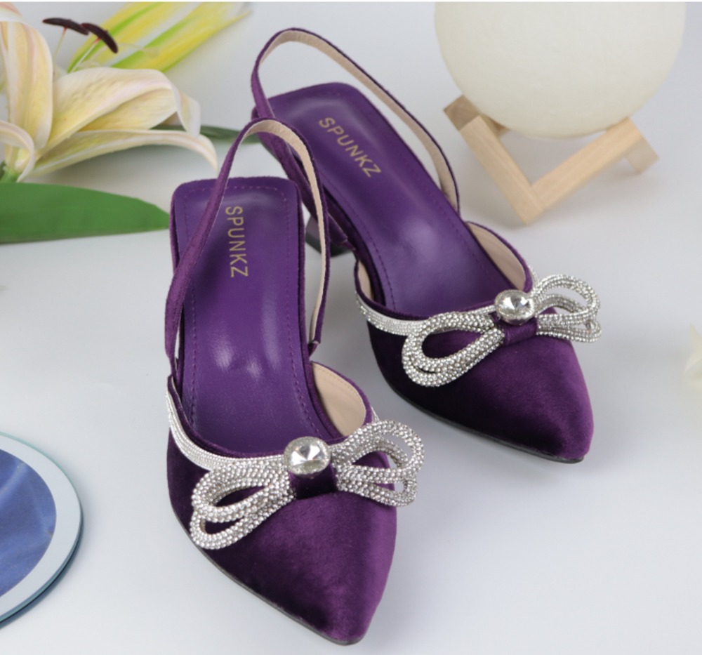 Velvet Sling Back High Heels with Rhinestone Strap Bow by Spunkz