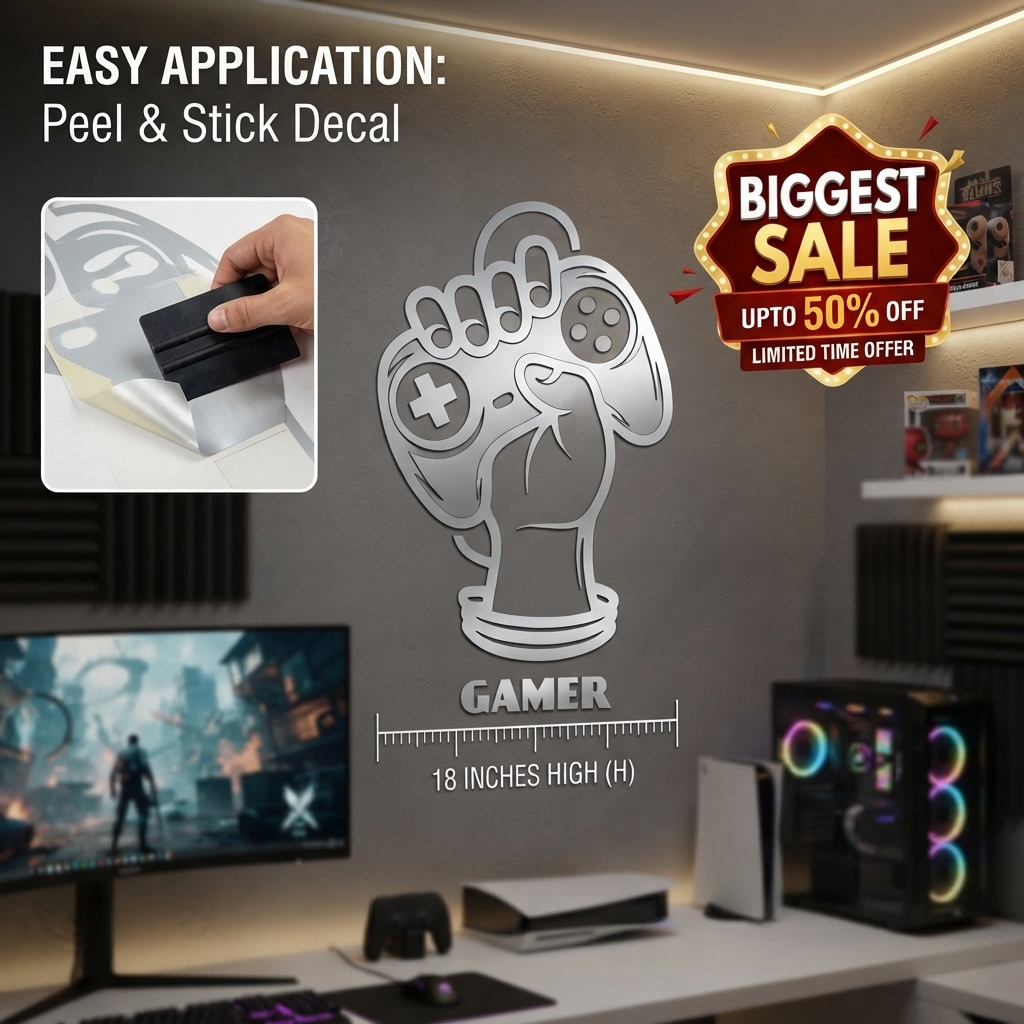 Gamer Hand with Console Wall Sticker PVC Vinyl Decal | Gaming Controller Wall Art | Gamer Room Bedroom Setup Decor | 12 x 18 Inch