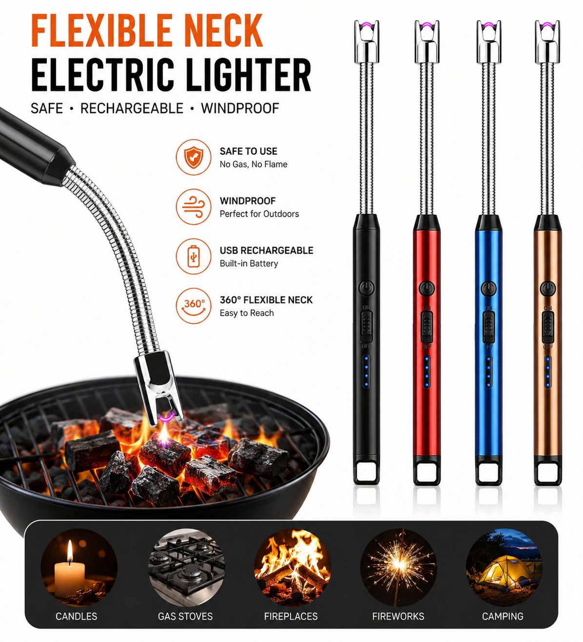 Electric Arc USB Rechargeable Flameless Arc Lighter Flexible and Windproof for Candles, Hiking, Camping, Kitchen, Fireplaces 360 degree free rotation