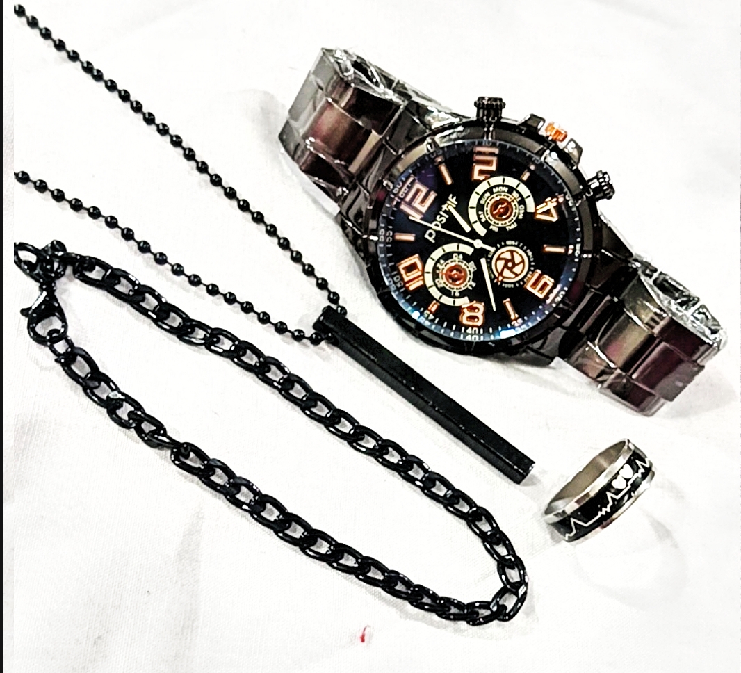 Watch For Men Watch Set For Men Summer Stainless Steel Casual Business Black Pack of 4 Watch + Bracelet + Ring + Bar Locket Fashion Gift Set