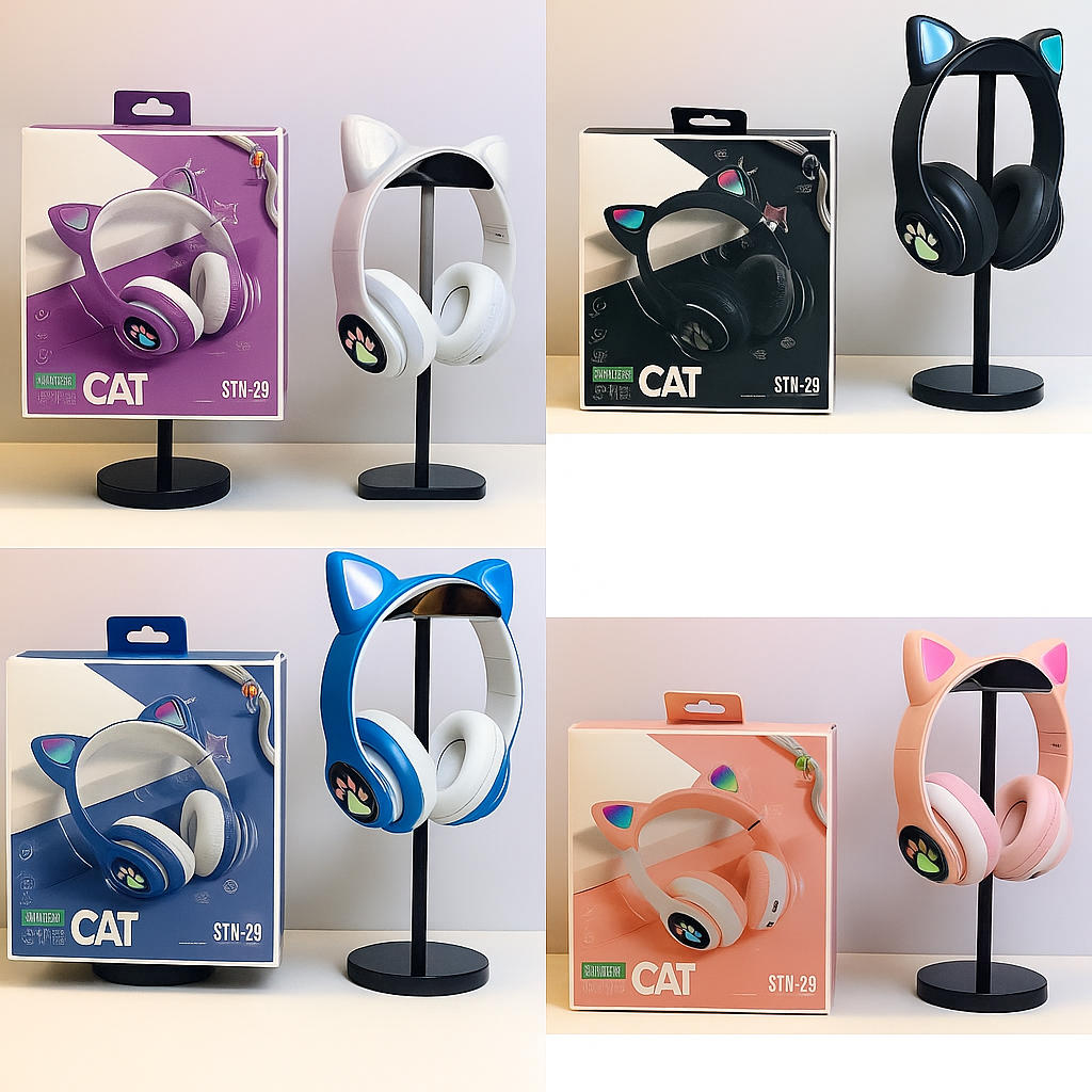 Wireless Cat Ear Headphone STN 28 Bluetooth 5.0 Stereo Headset Audio Device Noise Canceling and Microphone Support TF Card Dual Connection with RGB Flashing Light