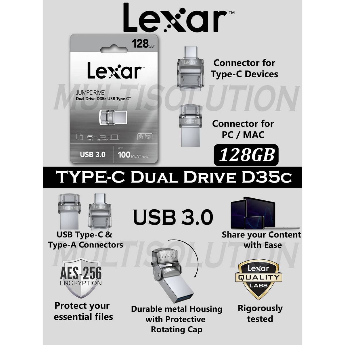 Lexar 128gb Type-c Otg Dual Drive Jump Drive D35c Usb 3.0 Type C