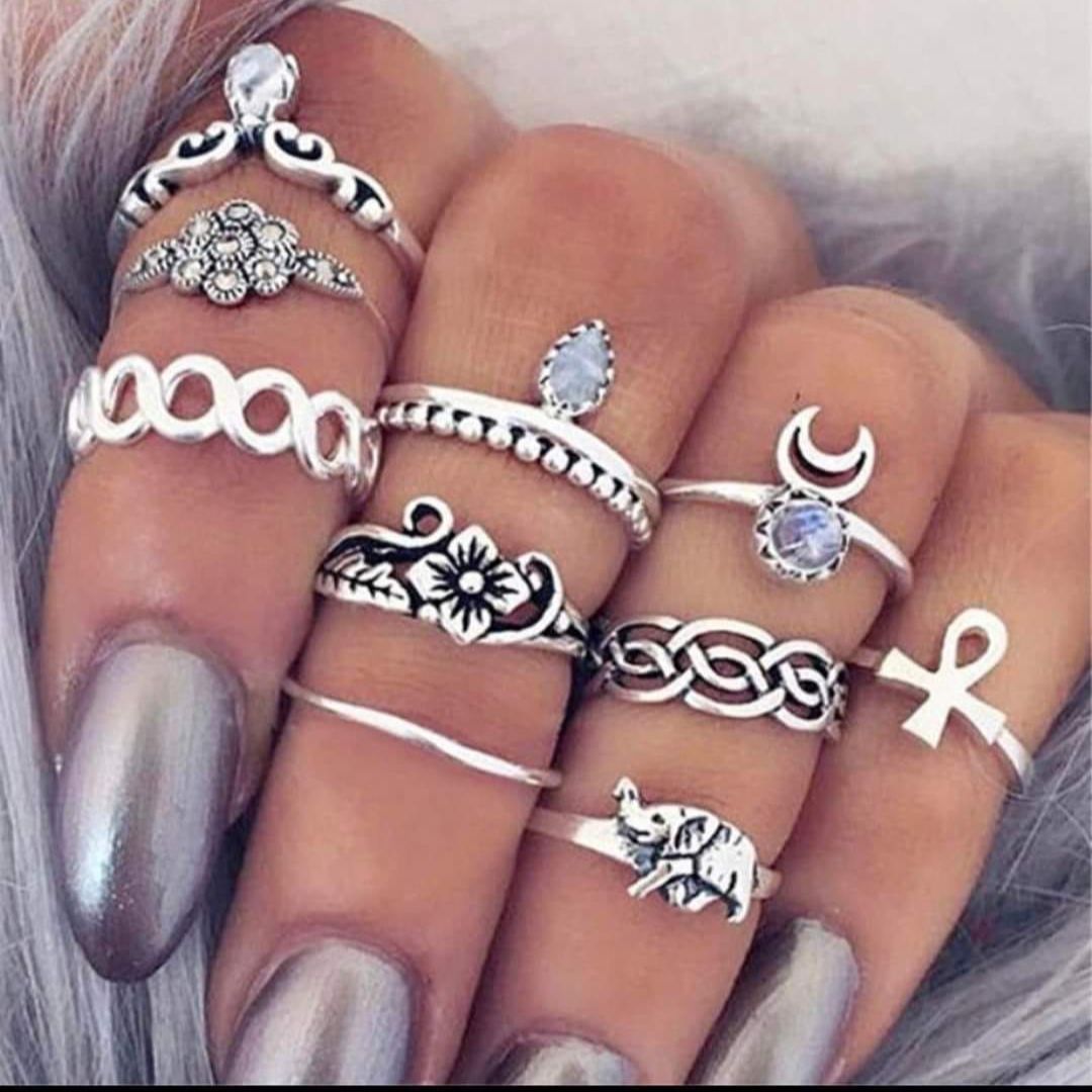 10Pcs Ring Set For Girls & Women's High Quality Silver/Gold Color Trendy Design