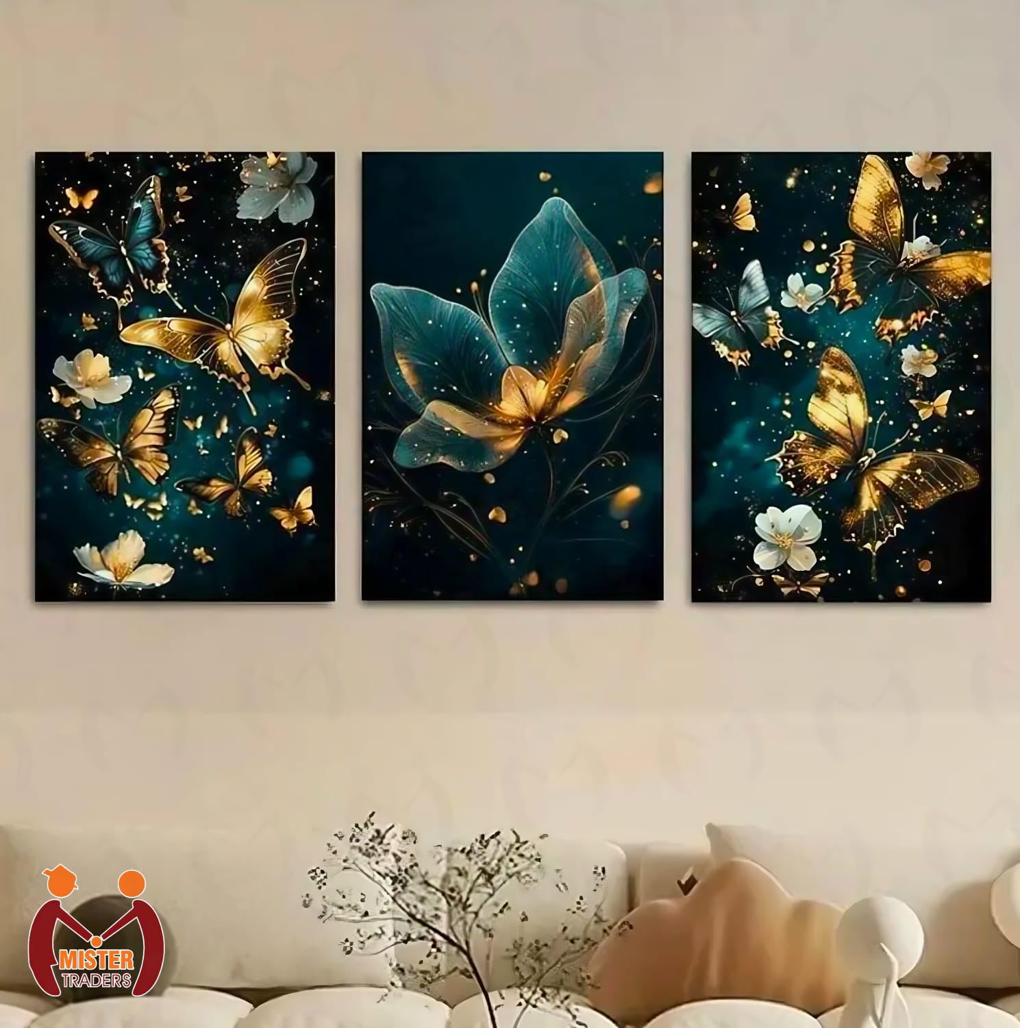 Pack of 03 Golden Butterfly Wall Art Set – 3 Piece Modern Frame  – Luxury Butterfly & Flower Design for Living Room, Bedroom & Home Décor – Wall Decoration Items – Room decoration items –Home decoration items - Decorating item - Room Décor –Mister Traders