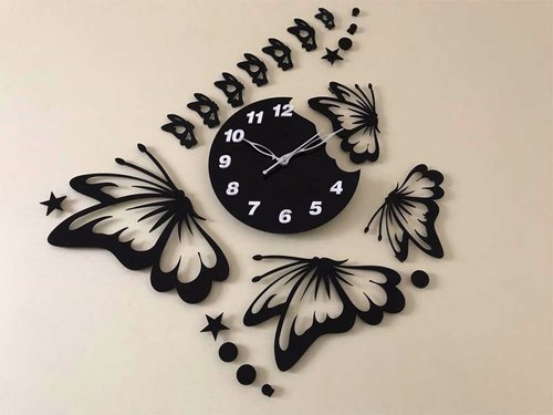 EVENTO Wooden 3D Stylish Buterfly Wall Hanging Clock Quartz Watch DIY Design Decoration For Bedroom, Home Decor Living Room And Offices And For Gifts Piece Item