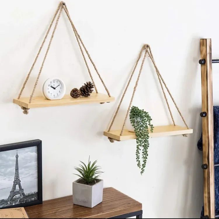 Wall Hanging shelf original wood 1 2 3 & 4 Tier Rope Hanging Shelf Wall Hanging Shelf, , Decorative piece