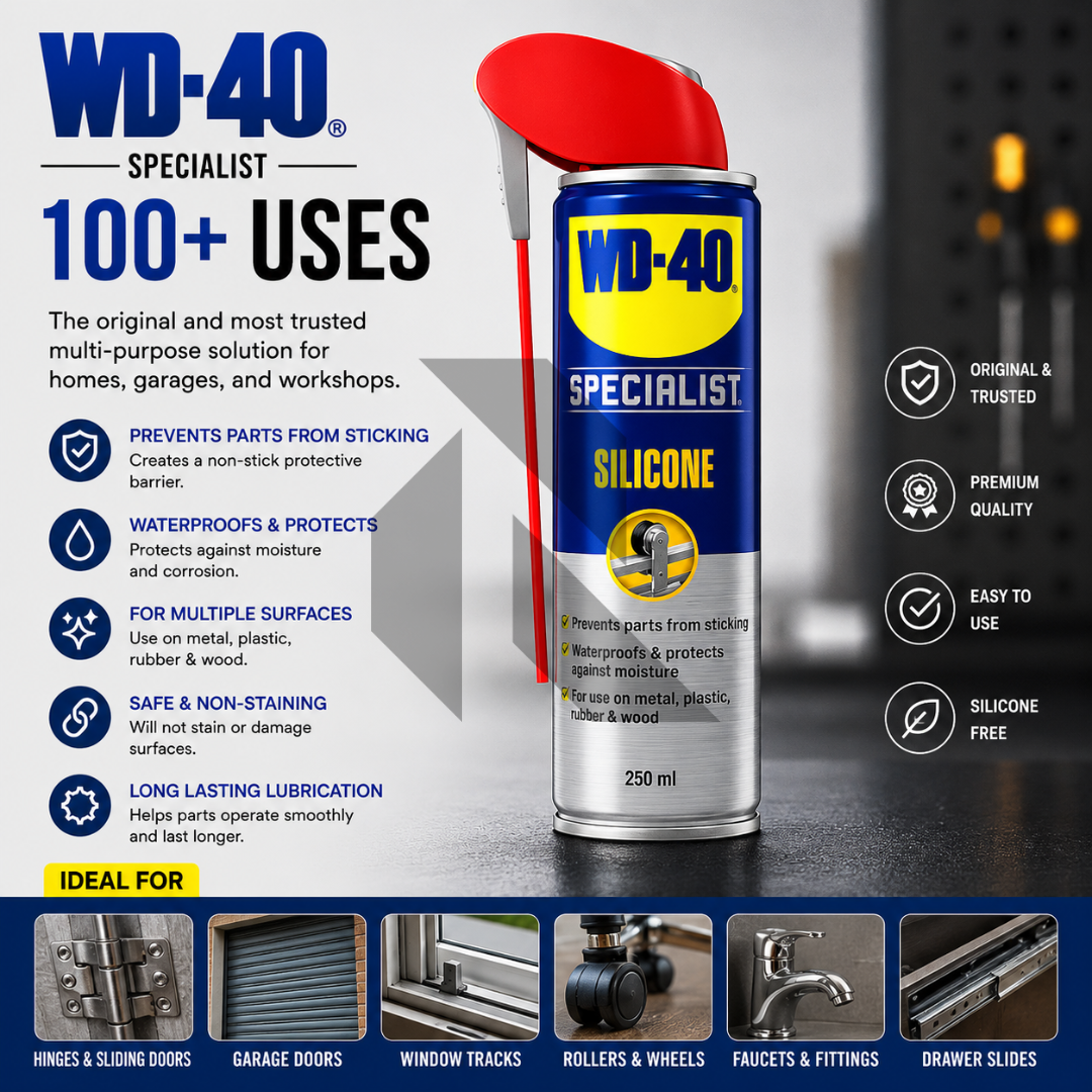 WD40 Silicone Spray – 250ml (Water-Resistant Lubricant for Rubber, Plastic & Metal)