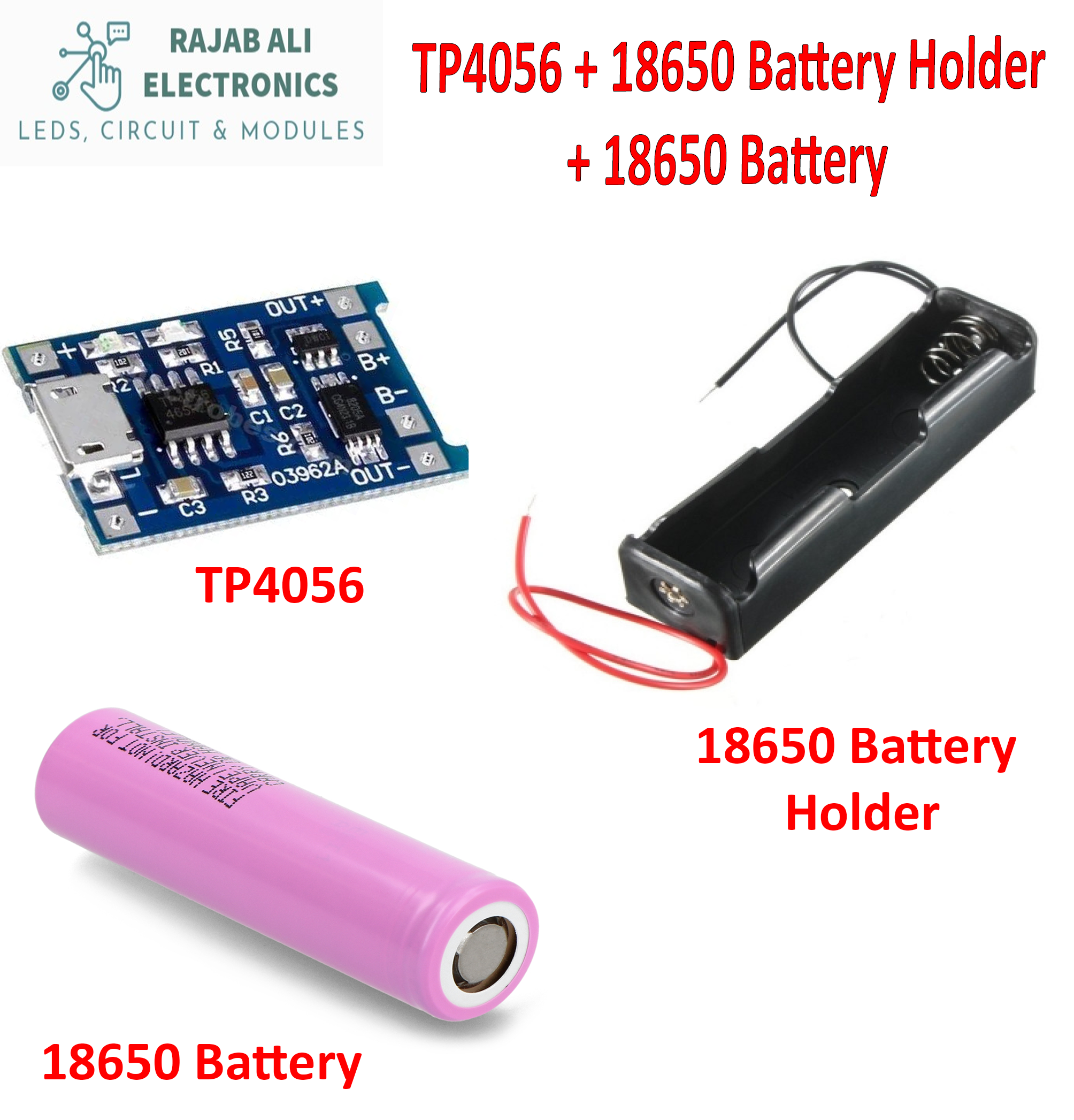 18650 Lithium Battery Combo with Dual Protection Module TP4056 & Universal Plug Charger