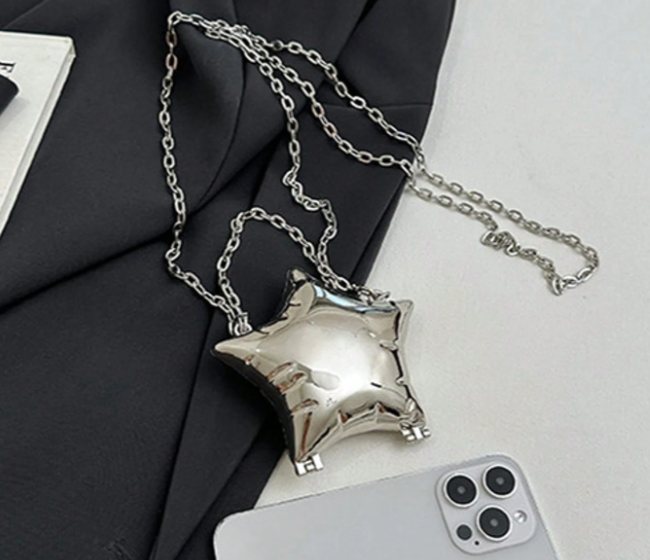 Silver Metallic Star Clutch Bag with Chain Crossbody Strap (Random Colour is sent)