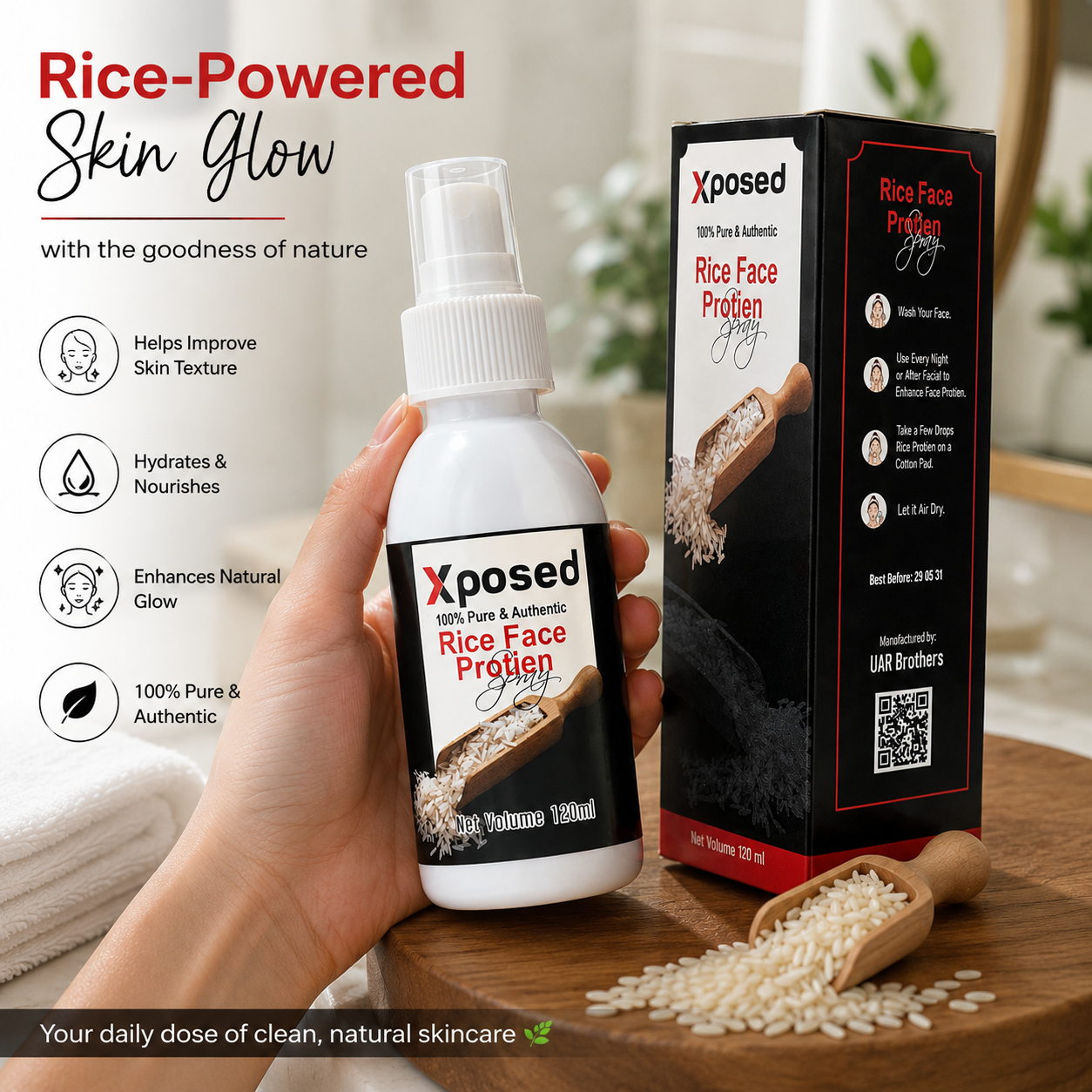Xposed Rice Protein Spray 120ml – Rice-Powered Face Mist for Hydrated, Glowing & Healthy Skin