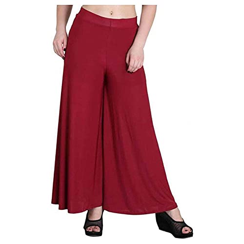 (Maroon) 100% Pure & Soft Viscos Rayon Palazzo  for Women Relaxed Bottom Adult Pajama Pants Viscose Palazzo Pants Regular Fit Flared Palazoo Pants Daily Use Stylish Plain Plazoo Trendz Cotton Viscose Loose Fit Flared Wide Leg Palazzo Plazo - (Free Size)