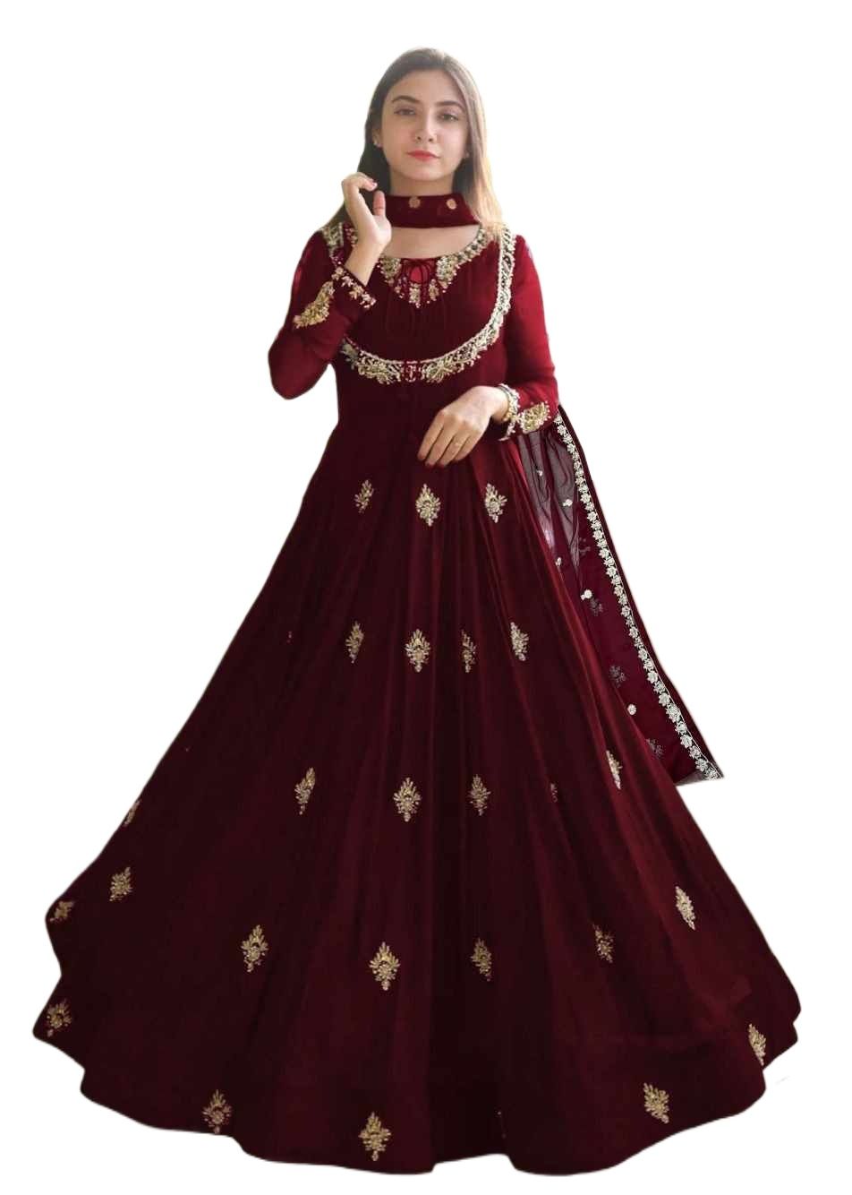 Women Dresses Embroidered -- Long Maxi -- Ladies Chiffon Frocks -- Neck & Sleevee Front Embroidered Maxi With Emb Dupatta 3Pcs -- Ready To Wear -- Women And Girls