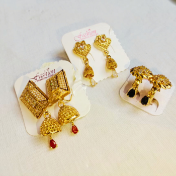 Elegant Trio of Gold-Plated Artificial Earrings with Intricate Jhumka, Heart, and Floral Designs for Festive and Casual Wear