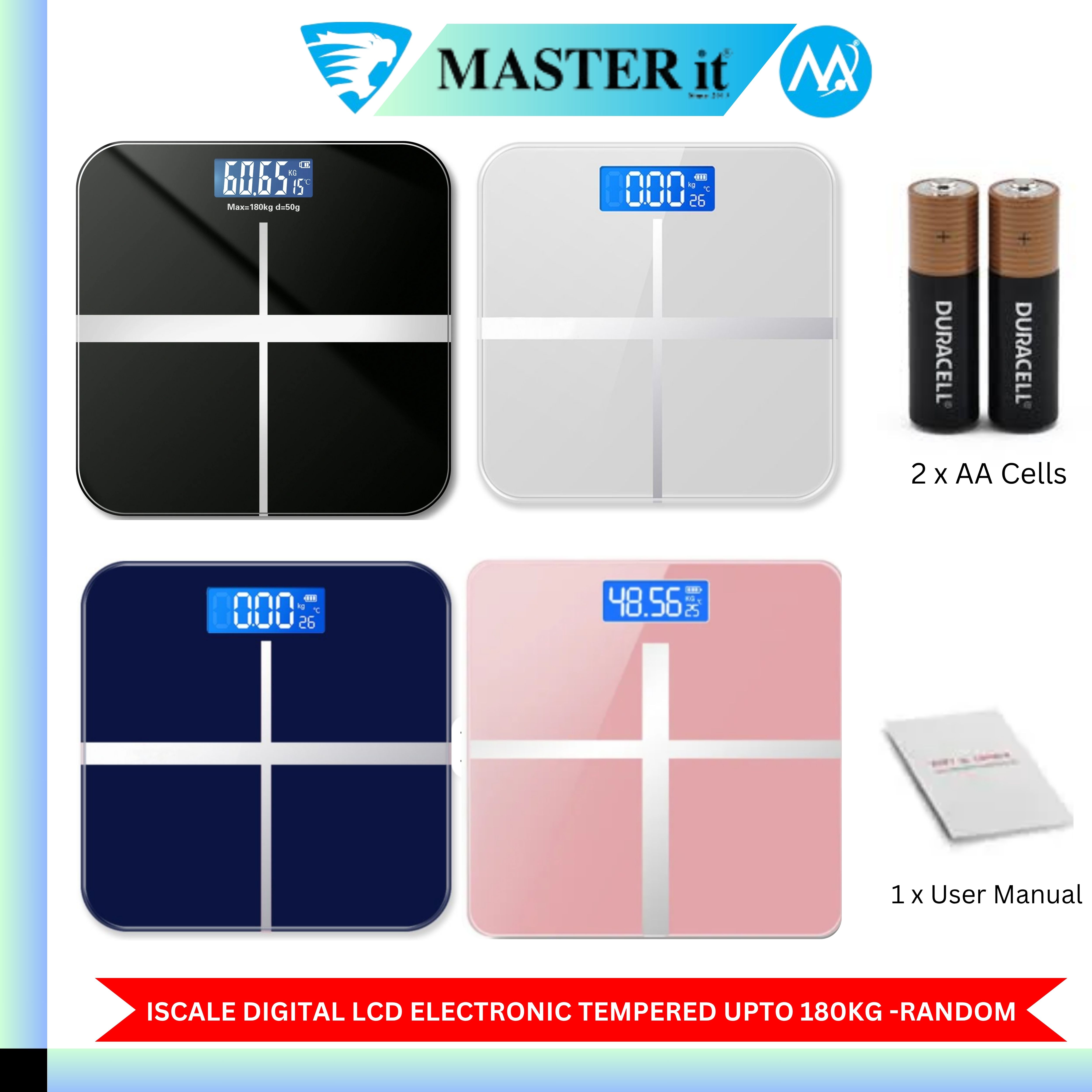 Upto 180kg iScale Rechargeable Weight Machine - 8mm Tempered Glass - Digital Heavy Duty Electronic Weighing Scale with Dual LED Display - Heavy Electric Weight Machine With Durable Steel Quality - For Home & Personal Use - Black//Blue/Silver