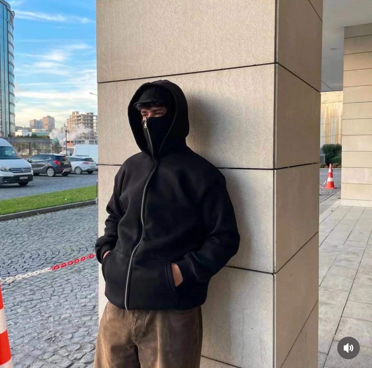 Winter Fleece Balaclava Hoodie with Face Cover – Full Zip Black Hoodie for Men & Boys | Warm Zipper Sweatshirt S–XL