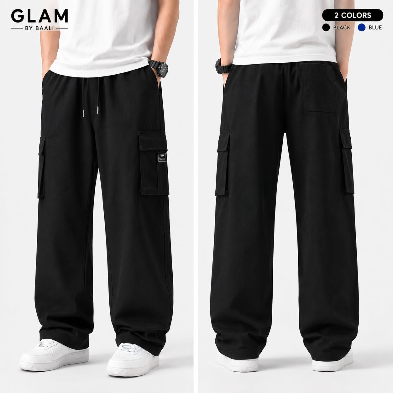GLAM BY BAALI Men’s Black Cargo Wide Leg Trouser | Korean Style Baggy Pants | Loose Fit Casual Streetwear