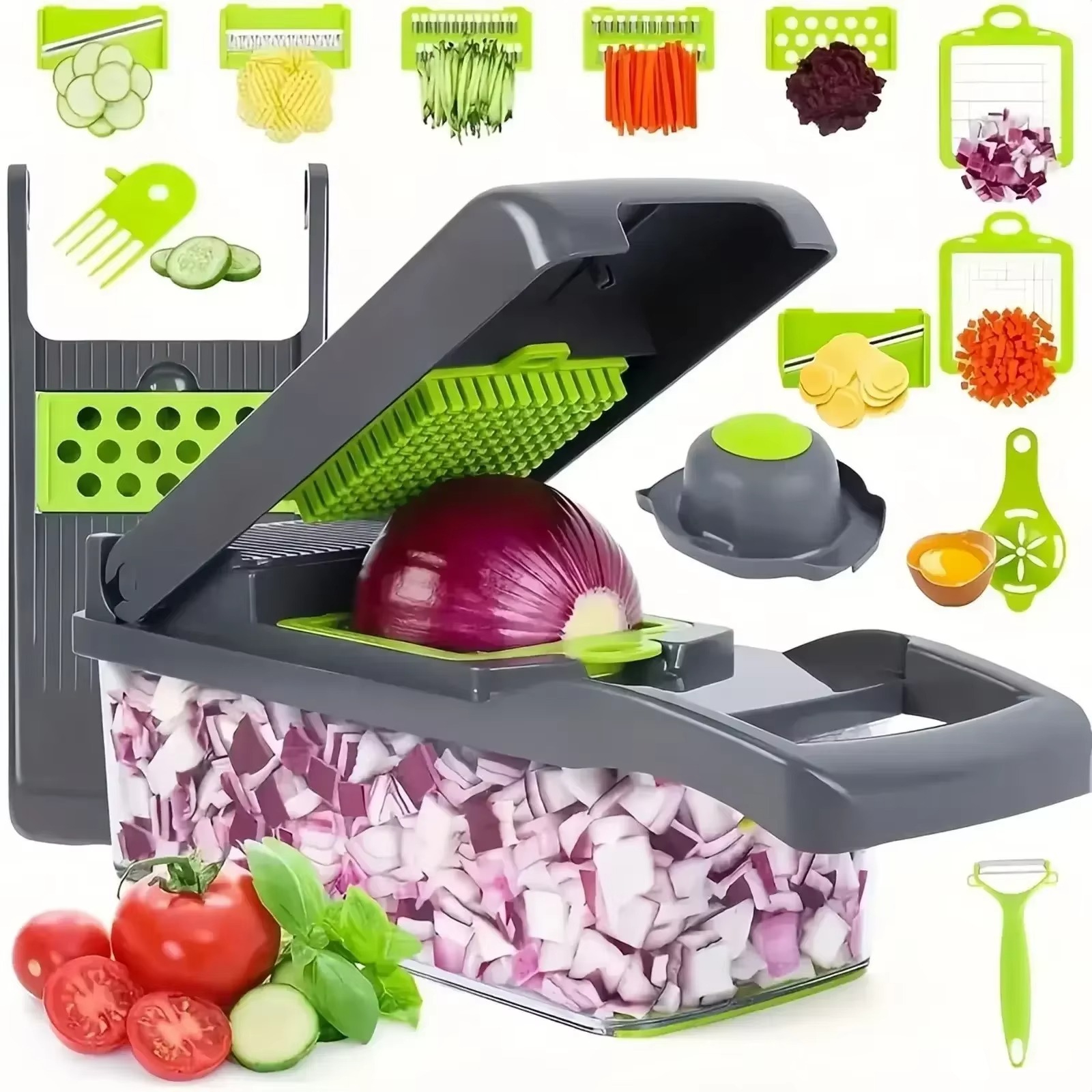 9-in-1 Vegetable Chopper 2000ML and Manual Push Chopper 1500ML – Hand Chopper Machine 1.5L – Manual Vegetable Cutter & Food Processor – Handy Chopper with 3 Stainless Steel Blades – Chop Fruits, Veggies & Nuts –