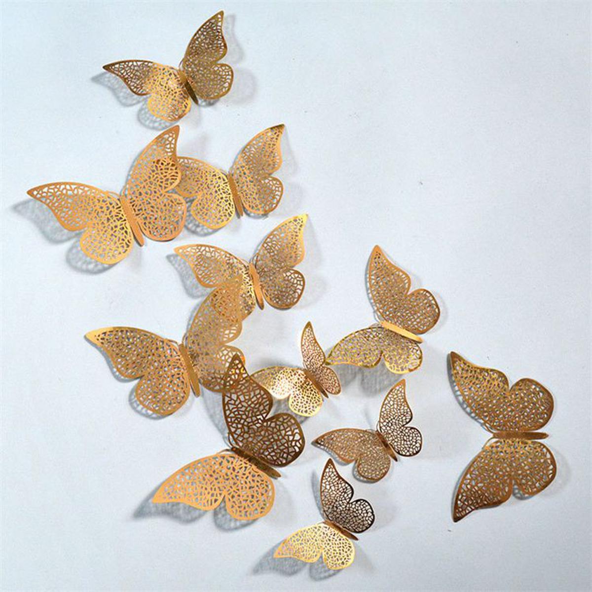 3D Golden Butterfly Mirror Wall Stickers Home Decoration Pack of 12 Random Size