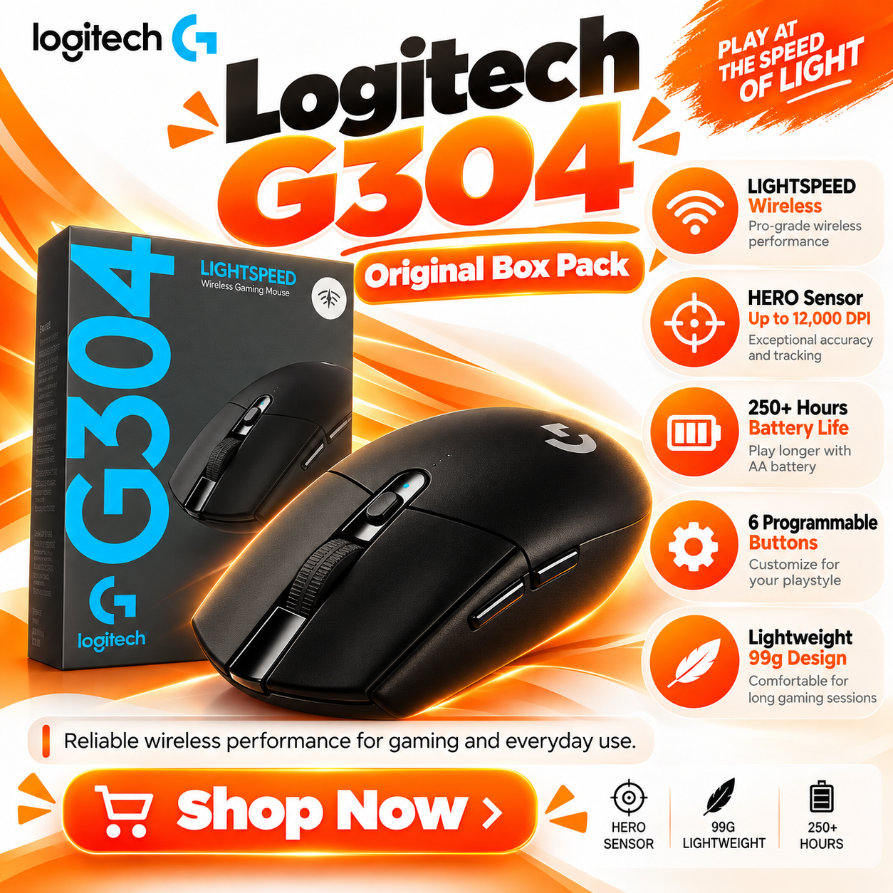 Logitech G304 LIGHTSPEED Wireless Gaming Mouse | Dual Connectivity Bluetooth + USB Receiver | 12000 DPI | High Precision Gaming Mouse