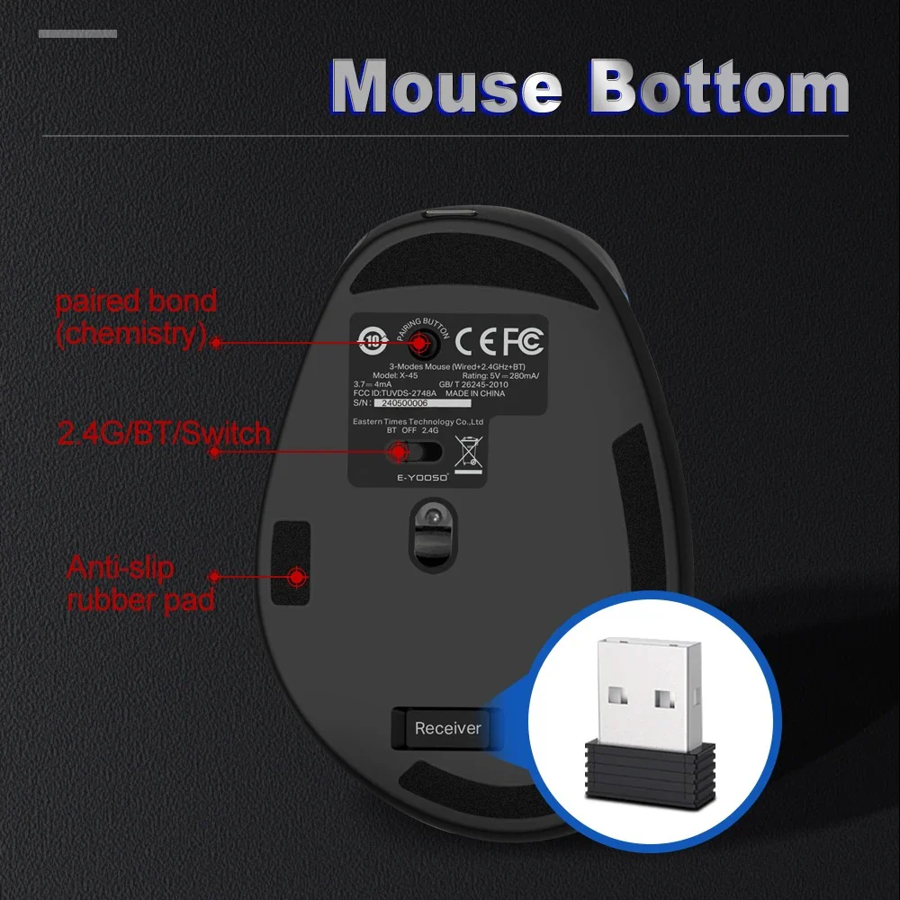 E-YOOSO X-45 Tri-Mode Wireless Vertical Mouse Black 4800Dpi BT 2.4G and Wired Connectivity Supported 18 b878a08bb78de8add0aa1296944f1598