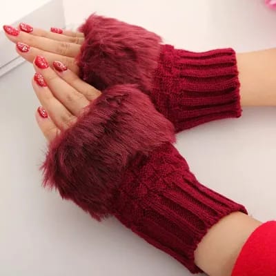 Fashion Women Faux Rabbit Fur Hand Wrist Warmer Winter Fingerless Knitted Gloves