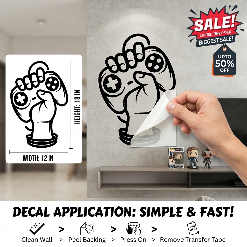 Gamer Hand with Console Wall Sticker PVC Vinyl Decal | Gaming Controller Wall Art | Gamer Room Bedroom Setup Decor | 12 x 18 Inch